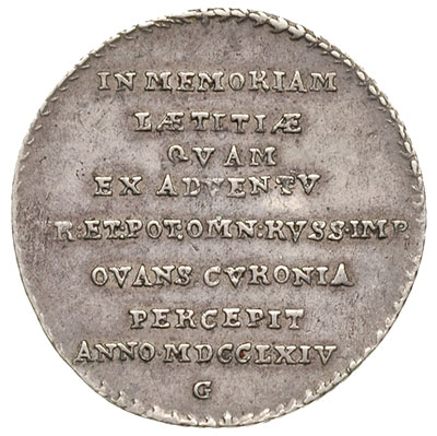 medal wybity w 1764 r. z okazji wizyty Katarzyny II w Kurlandii, Aw: Palma z tarczą herbową na tle Mitawy i napis SIDERIS ASPECTV - BEATA, Rw: Napis poziomy IN MEMORIAM / LAETITIAE..., srebro 4.52 g, 26 mm, H-Cz. 8615