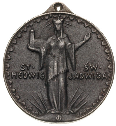 propagandowy niemiecki medal wybity z okazji Powstania Śląskiego 1921 r., Aw: Św. Jadwiga stojąca na globie po bokach napisy ST / HEDWIG - ŚW / JADWIGA, Rw: Napisy poziome po niemiecku i po polsku, żeliwo 38 mm, lany