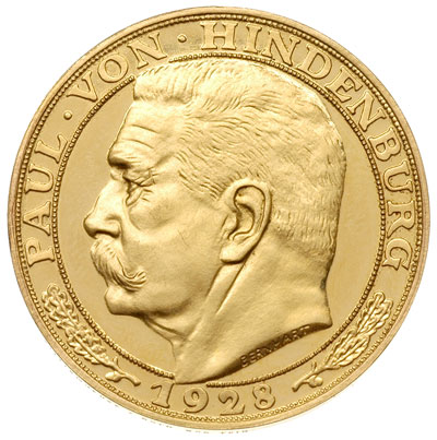 Paul von Hindenburg -medal sygnowany BERNHART, z 1928 r, Aw: Popiersie w lewo i napis wokoło PAUL VON HINDENBURG 1928, Rw: Herbowa tarcza rodowa i napis wokoło PRÄSIDENT DES DEUTSCHEN REICHES, złoto 22,45 g, 36 mm, na rancie napis PREUSS STAATSMUENZE GOLD 900 FEIN