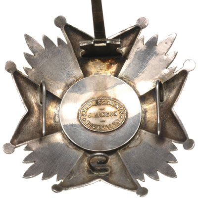 Order Leopolda, Gwiazda do Krzyża Wielkiego, srebro 80 x 80 mm, emalia, na stronie odwrotnej mocowanie na agrafę i szpilki oraz tabliczka z nazwą producenta ETABLISSEMENTS / J. FONSON / BRUKSELLES, pięknie zachowana