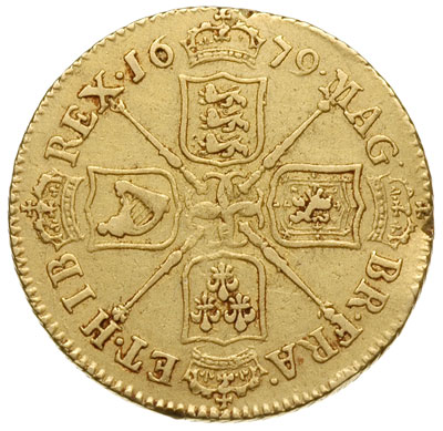 guinea 1679, czwarty typ popiersia, złoto 8.38 g, S.3344, Fr. 287, uszkodzenia na rancie, rysa na awersie, rzadka moneta