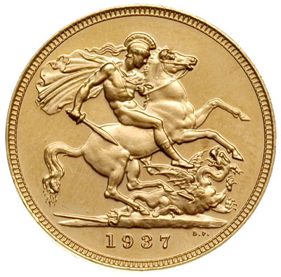 suweren (funt) 1937, złoto 7.99 g, Fr. 411, wybity stemplem lustrzanym, nakład tylko 5001 sztuk, rzadki
