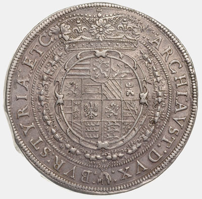 dwutalar 1632 (przebitka z 1626), Graz, srebro 56.94 g, Her. 309, Dav. 3107, patyna
