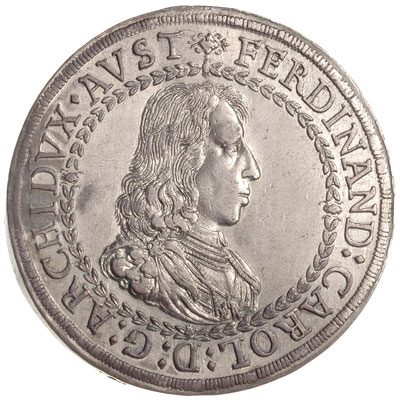 dwutalar bez daty (1646), Hall, odmiana z głową lwa na ramieniu arcyksięcia, srebro 56.66 g, Dav. 3363, M-T. 502, piękny
