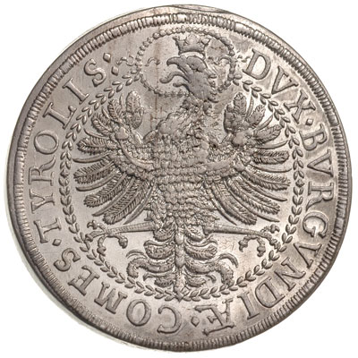 dwutalar bez daty (1646), Hall, odmiana z głową lwa na ramieniu arcyksięcia, srebro 56.66 g, Dav. 3363, M-T. 502, piękny