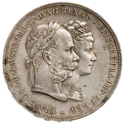 2 floreny 1879, Wiedeń, Her. 824, pamiątkowa moneta wybita z okazji 25. rocznicy zaślubin z Elżbietą z domu Wittelsbach, piękny