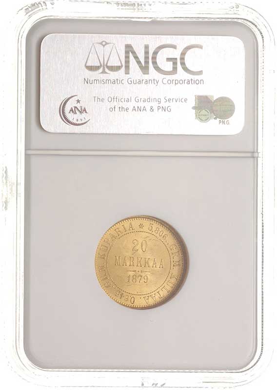 20 marek 1879 / S, Fr. 1, moneta w pudełku NGC z certyfikatem MS 63