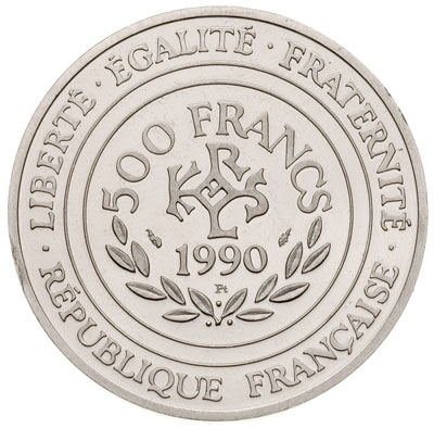 500 franków = 70 ecu, 1990, Karol Wielki, platyna 20.01 g, wybite stemplem lustrzanym, Fb. 622a, Gadoury 3, rzadkie, nakład tylko 2.000 sztuk