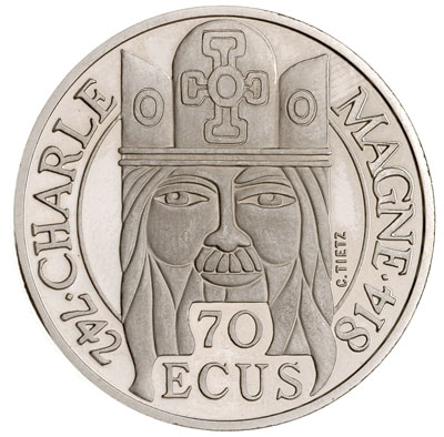 500 franków = 70 ecu, 1990, Karol Wielki, platyn