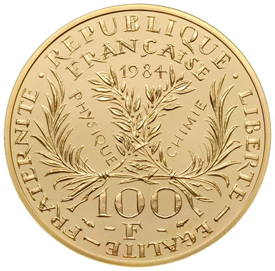 100 franków 1984, 50. rocznica śmierci Marii Curie (Skłodowskiej), złoto 17.03 g, Fr. 599, Gadoury 899, moneta z certyfikatem mennicy Paryskiej nr 082