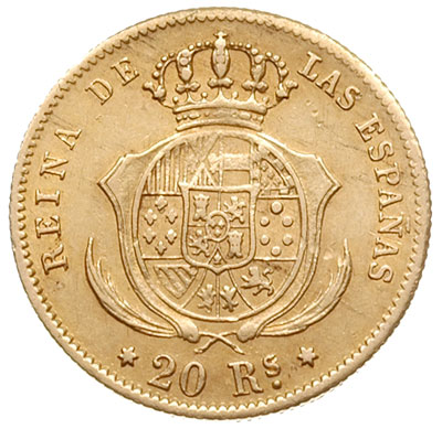 20 reali 1861, Madryt, złoto 1.64 g, Fb. 333, Cayon 17244