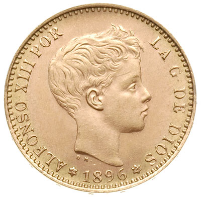 20 peset 1896 (19-62), oficjalne nowe bicie, złoto 6.45 g, Fr. 348R, Cayon 17924, C.T. 10