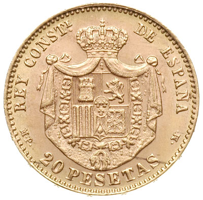 20 peset 1896 (19-62), oficjalne nowe bicie, złoto 6.45 g, Fr. 348R, Cayon 17924, C.T. 10