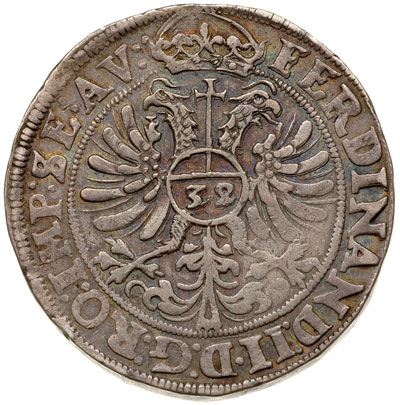 talar (32 szylingi) 1624, Lubeka, z tytulaturą cesarza Ferdynanda II, znak menniczy Aleksandra Lüneburga, srebro 28.64 g, Dav. 5449, Behrens 155 var, rzadki, patyna