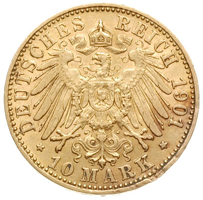 10 marek 1901 / A, Berlin, złoto 3.96 g, J. 233, bardzo rzadkie, wybito 10.000 sztuk, drobra wada obrzeża