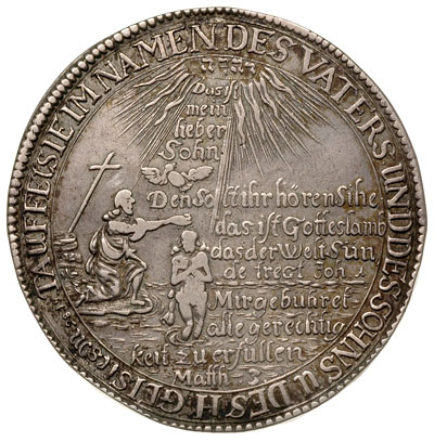 tauftaler (talar chrzcielny) 1670, Gotha, srebro 28.77 g, Dav. 7450, Schnee 426, wybity z okazji chrztu wnuczki księcia, księżniczki Anny Zofii, patyna