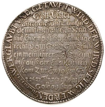 tauftaler (talar chrzcielny) 1670, Gotha, srebro 28.77 g, Dav. 7450, Schnee 426, wybity z okazji chrztu wnuczki księcia, księżniczki Anny Zofii, patyna