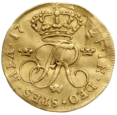dukat 1724, Sztokholm, złoto 3.43 g, Ahl. 7 (R), Hadanger 349, Fb. 57, egzemplarz ze 125. aukcji Fritz Rudolf Künker, lekko gięty
