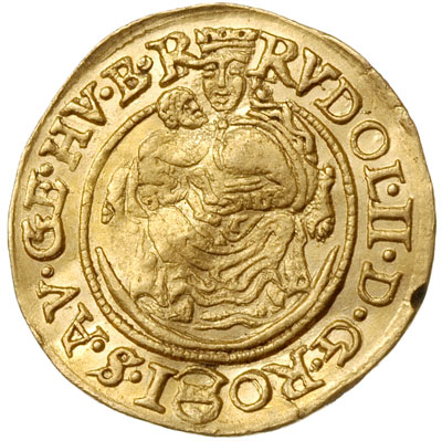 dukat 1598, Krzemnica, złoto 3.44 g, Huszár 1002, gięty, niewielkie zacięcie na rancie, ale bardzo ładny