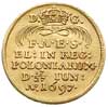 dukat koronacyjny 1697, Drezno, Aw: Król na koniu w prawo, Rw: Pod koroną napis F A E S / EL IN RE..