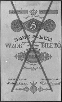 zestaw wzorów do produkcji banknotu 5 złotowego 1.05.1830; a / druk awersu nagrubym papierze kolor..