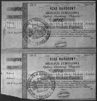 obligacje tymczasowe na 500 złotych, 2 sztuki, nr B.1012 i B.1013 podklejonez opisem w języku rosy..