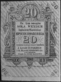 sol weksla na 20 kopiejek 1861 wydany przez Zaszczyńskiego i Błaszczykiewiczaw Lublinie, bez numer..