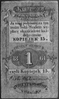 sol weksla wartości 1 zł = 15 kopiejek 1861 wydany przez Piotra Kędzierzawskiegow Warszawie, Jabł. -