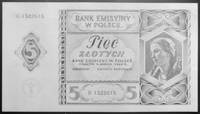 projekt banknotu 5 złotowego 1.03.1940 nr B 1522615, rysunek na grubymkartonie, osobno awers i rew..