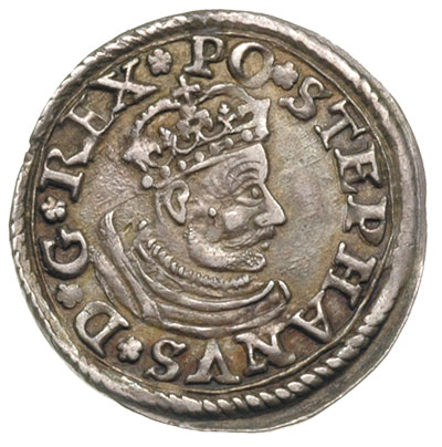 trojak 1580, Olkusz, Aw: mała głowa króla w praw