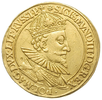medal 10 dukatowy bez daty (1592), Gdańsk, Aw: Ukoronowane popiersie króla w prawo i napis wokoło SIGISMVND III D G REX - POL MAG DVX LIT RVSSI P, w tle punca zbioru Potockiego oraz wydrapana wartość X, Rw: Neptun z trójzębem, w corona navalis, siedzący na delfinie i Ceres z łopatą, w corona muralis, siedząca na rogu obfitości, u góry tarcza z herbem Gdańska i napis CRESCIT GEMINATIS GLORIA CVRIS (rośnie z podwojonych starań chwała), złoto 34.71 g, H-Cz. 7548 (R5), awers Racz. 60, rewers Racz. 65, Hildebrand 12 a, Vossberg 626. Medal wybity w 1592 roku z okazji wizyty króla, bardzo ładna robota medalierska, bardzo rzadki, znany z kilku zbiorów jako 10 dukatów (Potockiego, Czapskiego i Czartoryskiego), jako 7 dukatów ze zbioru Chełmińskiego i jako 5 dukatów u Vossberga.
