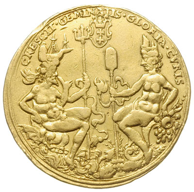 medal 10 dukatowy bez daty (1592), Gdańsk, Aw: Ukoronowane popiersie króla w prawo i napis wokoło SIGISMVND III D G REX - POL MAG DVX LIT RVSSI P, w tle punca zbioru Potockiego oraz wydrapana wartość X, Rw: Neptun z trójzębem, w corona navalis, siedzący na delfinie i Ceres z łopatą, w corona muralis, siedząca na rogu obfitości, u góry tarcza z herbem Gdańska i napis CRESCIT GEMINATIS GLORIA CVRIS (rośnie z podwojonych starań chwała), złoto 34.71 g, H-Cz. 7548 (R5), awers Racz. 60, rewers Racz. 65, Hildebrand 12 a, Vossberg 626. Medal wybity w 1592 roku z okazji wizyty króla, bardzo ładna robota medalierska, bardzo rzadki, znany z kilku zbiorów jako 10 dukatów (Potockiego, Czapskiego i Czartoryskiego), jako 7 dukatów ze zbioru Chełmińskiego i jako 5 dukatów u Vossberga.
