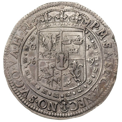 talar 1649, Kraków, Aw: Półpostać króla i napis 