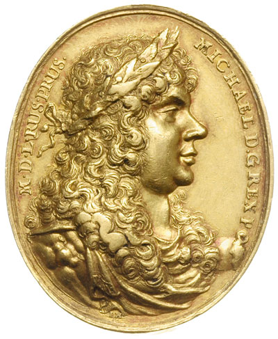 niedatowany owalny medal koronacyjny (1669) sygnowany IH (Jan Höhn młodszy), Aw: Popiersie króla w prawo i napis wokoło MICHAEL D G REX PO - M D L RUS PRUS, Rw: Kula z napisem POLONIA pływająca na muszli, powyźej Orzeł i dwie ręce wychodzące z obłoków, jedna z mieczem druga z berłem potrzymujące koronę i tetragram IHWH w języku hebrajskim, wokoło napis DEXTERA DOMINI FECIT VIRTUTEM (\Prawica Pańska dokazała mocy\" - Psalm 118:16