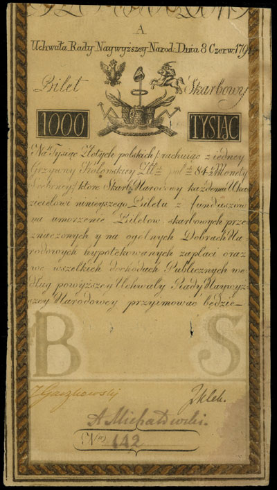1.000 złotych 8.06.1794, seria A, numeracja 142,