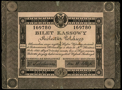 10 złotych 1824, litera B, numeracja 169780, podpisy: \W. Sobolewski\" i \"Sta. H. Sołtyk, Lucow 107 (R8)