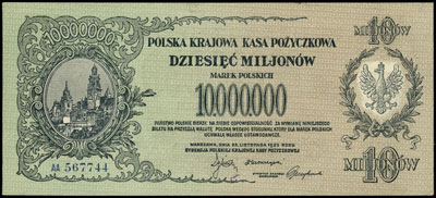 10.000.000 marek polskich 1923, seria AA, numeracja 567744, Lucow 459 (R5), Miłczak 39b, niewielka dziurka po szpilce nieumniejszająca piękności tego egzemplarza, duża rzadkość w tym stanie zachowania, egzemplarz z \Kolekcji Lucow\" ilustrowany w katalogu kolekcji,"I/I-,1