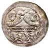 denar z lat 1146-1157, Aw: Rycerz stojący na wprost z proporcem i tarczą w dłoniach, powyżej obróc..