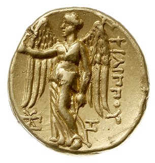 stater ok. 323-316 pne, Arados, Aw: Głowa Ateny w hełmie w prawo, Rw: Nike stojąca w lewo, trzymająca wieniec, w polu monogram i I, złoto 8.53 g, Price P146