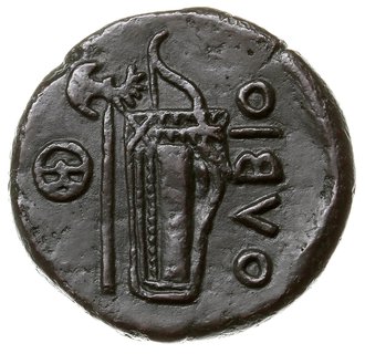 AE-25, ok.330-300 pne, Aw: Głowa boga rzecznego Borystenesa w lewo, Rw: Topór i kołczan z łukiem, z lewej znak Θ, z prawej ΟΛΒΙΟ, brąz 12.06 g, Anokhin 131, bardzo ładny, bardzo centrycznie i ostro wybity