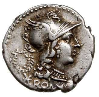 denar 136 pne, Rzym, Aw: Głowa Romy w hełmie w prawo, z lewej wieniec, u dołu X ROMA, Rw: Dwaj Dioskurowie galopujący w przeciwnych kierunkach, w odcinku C. SERVEILI. M. F, srebro 3.87 g, Craw. 239/1, BMCRR540, Syd. 525