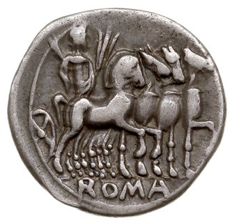 denar 130 pne, Rzym, Aw: Głowa Romy w hełmie w prawo, z lewej M VARG, z prawej X, Rw: Jowisz w kwadrydze w prawo, w odcinku ROMA, srebro 3.79 g, Craw. 257/1, BMCRR 1068, Syd. 507