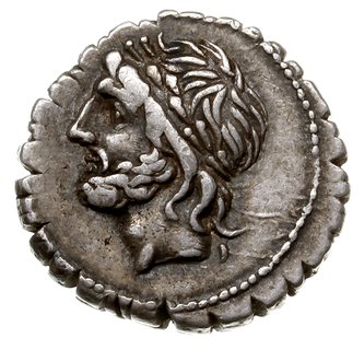 denar serratus 106 pne, Rzym, Aw: Głowa Jowisza w lewo, Rw: Jowisz w kwadrydze w prawo, u góry A, w odcinku l SCIP ASIAG, srebro 3.96 g, Craw. 311/1d, BMCRR 1382, Syd. 576b