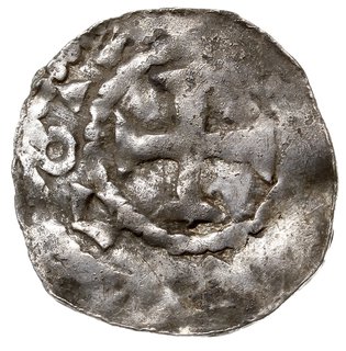 anonimowy denar XI w., Aw: Krzyż, w polu kulki, wokoło słabo czytelny napis, Rw: Monogram karoliński, wokoło imitacja napisu, srebro 1.48 g, Dbg. 1153, gięty