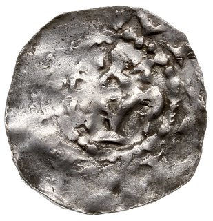 anonimowy denar XI w., Aw: Krzyż, w polu kulki, wokoło słabo czytelny napis, Rw: Monogram karoliński, wokoło imitacja napisu, srebro 1.48 g, Dbg. 1153, gięty