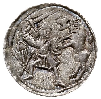 denar, Aw: Książę z mieczem siedzący na tronie, z lewej giermek, Rw: Rycerz walczący z lwem, srebro 0.67 g, Str. 40, Such. XVI