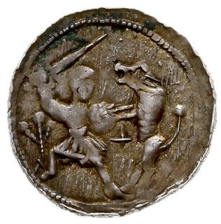 denar, Aw: Książę z mieczem siedzący na tronie, z lewej giermek, Rw: Rycerz walczący z lwem, srebro 0.55 g, Str. 40, Such. XVI
