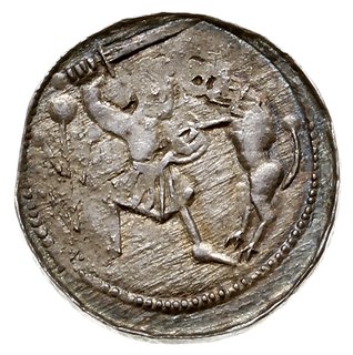denar, Aw: Książę z mieczem siedzący na tronie, z lewej giermek, Rw: Rycerz walczący z lwem, srebro 0.66 g, Str. 40, Such. XVI