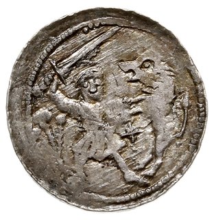 denar, Aw: Książę z mieczem siedzący na tronie, z lewej giermek, Rw: Rycerz walczący z lwem, srebro 0.56 g, Str. 40, Such. XVI