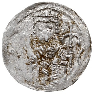 denar ok. 1157-1166, Aw: Książę siedzący na tron